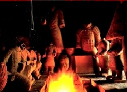Replica statues are readied for firing at 1000°C in a museum factory kiln.<br>About 10% of these firings fail.<br>The exact method of original creation remains largely a mystery