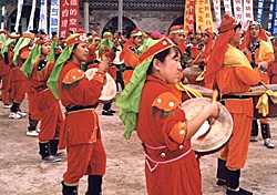 Dancers performing in Lingshi county celebrate the "eyes being opened" of the 18 arhats. The Buddhist practice of eye opening invests the statues with a lifelike gaze and an ability to help the poor.