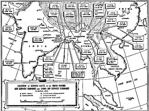 Map: Location of Service Units in the India-Burma Air Service Command and China Air Service Command 31 March 1945.
