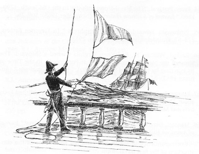 Sketch: Raising signal flags at sea