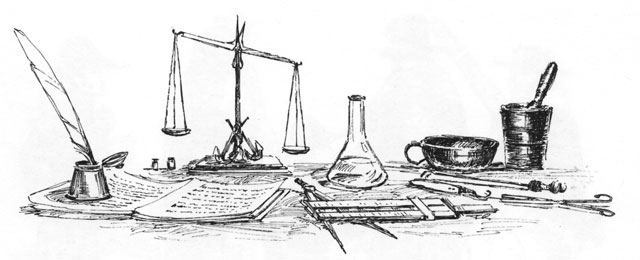 Sketch: Desk, with educational and medical instruments