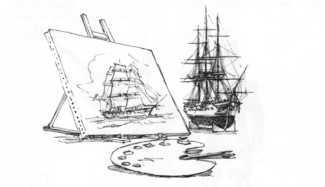 Sketch: Palette, easel, and canvas with painting of frigate