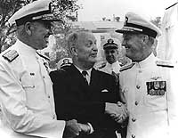 Photo # NH 89098:  Admirals Arleigh A. Burke, George W. Anderson and David L. McDonald at the Washington Navy Yard, 1 August 1963