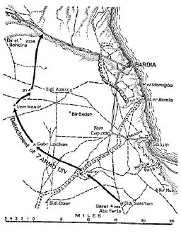 Map: The advance of detachments 7th Armoured Division to the Bardia-Tobruk road, 14th December 1940.