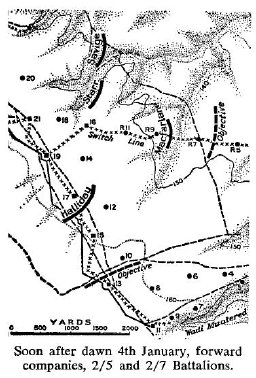 Map: Forward companies of the 2/5th and 2/7th Battalions, morning 4th January