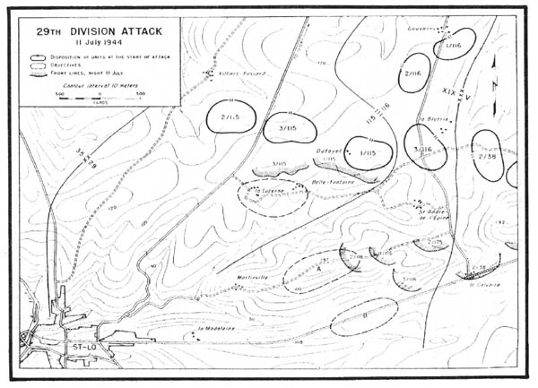 Battle map: The 29th Division's attack, 11 July 1944