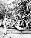 ENGINEER TROOPS stand ready to place sections of a ponton bridge in 
position during a river-crossing maneuver in the Philippines, 1941.