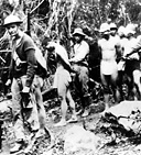 JAPANESE PRISONERS, captured on Bataan, being led blindfolded to head-
quarters for questioning. On 1 January 1942 the Japanese entered Manila and
the U.S. troops withdrew toward Bataan. Army supplies were either moved to
Bataan and Corregidor or destroyed. The remaining forces on Bataan, including
some 15,000 U.S. troops, totaled about 80,000 men. The food, housing, and
sanitation problems were greatly increased by the presence of over 20,000 civilian
refugees. All troops were placed on half-rations.