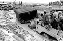 trucks bogged down to the vehicle frames in mud