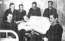 THESE SEVEN COAST GUARDSMEN SHOWN IN A HOSPITAL SOMEWHERE IN THE BRITISH ISLES SURVIVED THE SINKING OF THE COAST GUARD DESTROYER ESCORT Leopold