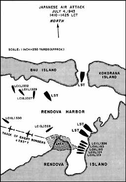 Map: Location of LCI(L) Group 14 landing craft participating in anti-aircraft action, 4 July 1943, Rendova Harbor