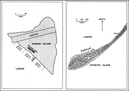 Map: Engebi Island showing landing beaches. Yellow beaches of Eniwetok Island