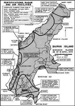 Map: Fortifications, radar, and air facilities on Saipan