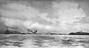 An enemy suicide plane, shot down by PT tender Oyster Bay, crashes in the water close aboard an LST