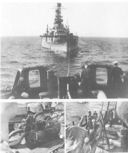 Fueling tests conducted between Kanawha and Arizona in the mid-1920s. (Top) Kanawha playing out towing line. (Lower left) The steam-powered tension engine was a special device installed on Kanawha so that the fuel lines would not drag in the water while fueling astern. (Lower right) The crew sets the steel tension line