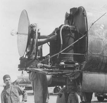 Exposed nose of P-61 showing scanning antenna