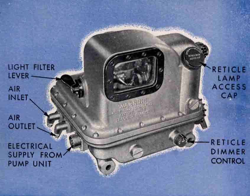 Rear of sight showing: light filter lever, air inlet, air outlet, electrical supply from pump unit, reticle lamp access cap, reticle dimmer control