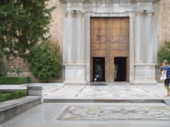 Library entrance with cat