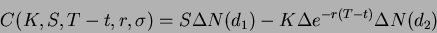 \begin{displaymath}
C(K,S,T-t,r,\sigma)=S�N(d_{1})-K�e^{-r(T-t)}�N(d_{2})
\end{displaymath}