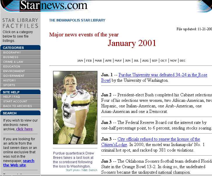 Screenshot of Indianaoplis Star's FactFiles' major events of 2001