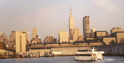 New York skyline from the harbor, complete caption below