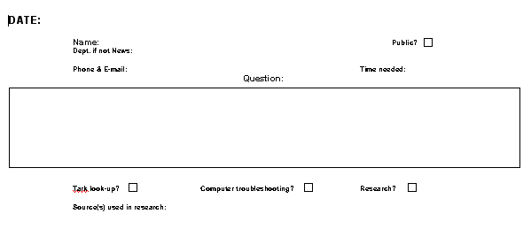 A blank form used by the Fredericksburg, VA, Free Lance-Star to record inquiries.  The form includes space for contact information for the inquirer and some basic information about the request, like whether it involves searching the archive or indepth research.