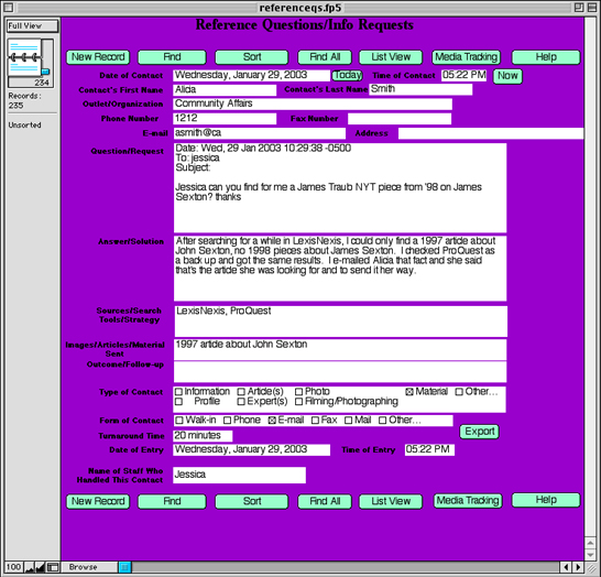 A completed entry in a university news office librarian's research log.