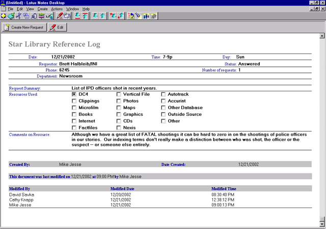 A completed form in the Indianapolis Star's Reference Library Log