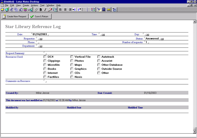 A blank form in the Indianapolis Star's Reference Library Log