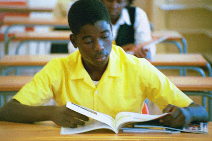 A learner at Malelane Comprehensive School in the Mpumalanga province enjoys reading in the school library.