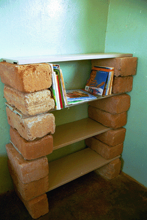 A makeshift bookshelf at Mogosane Primary School in the Northwest Province