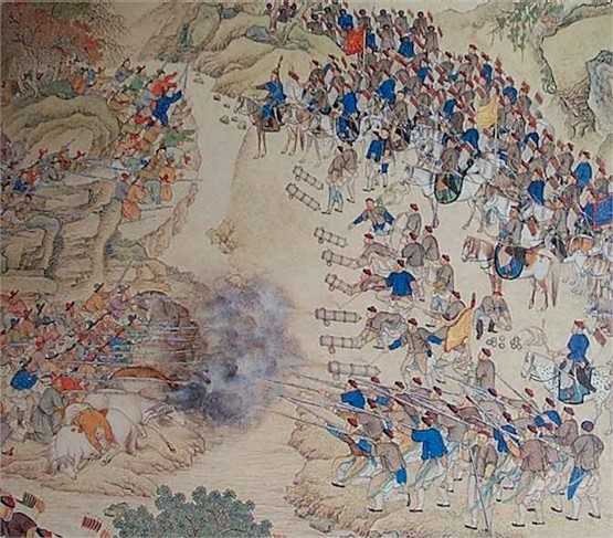 Qianlong's army battling Muslim insurgents.  
Notice that the both armies (Chinese on the right) are using a type of musket and cannon.