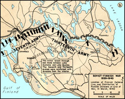 Map: Soviet-Finnish War, 1939-1940: Location of Finnish Defense Line; Distribution of Russian Divisions at End of War