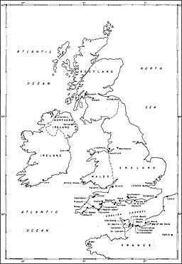 Map: Bases in Southern England and in Normandy