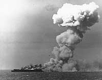 Photo # 80-G-287970:  USS Princeton burning soon after she was hit by a Japanese bomb, 24 October 1944