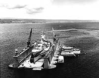 Photo # 80-G-314220:  USS West Virginia in floating drydock ABSD-1, 13 November 1944