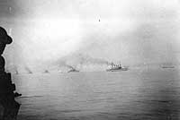 Photo # NH 41671:  Great White Fleet battleships steam into Hampton Roads, Virginia, 22 February 1909. 