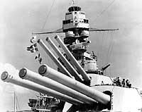 Photo # NH 50758:  USS Pennsylvania's forward 14-inch guns and superstructure, circa the early 1930s.