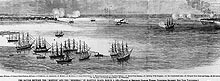 Photo # NH 59223:  Battle between USS Monitor and CSS Virginia, seen from over Fortress Monroe. Engraving published in 1862.