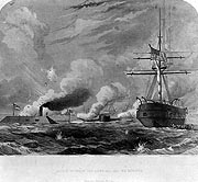 Photo # NH 63239:  Battle between USS Monitor and CSS Virginia. Engraving by J. Rogers, 1862.