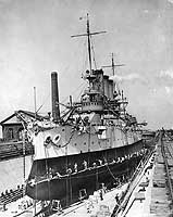 Photo # NH 63509:  USS Maine in drydock at San Francisco, California, circa 1908