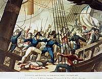 Photo # NH 65811-KN:  Boarding of USS Chesapeake by HMS Shannon.  Colored lithograph by M. Dubourg, published in 1813