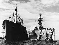 Photo # NH 68352: Damaged USS Washington alongside USS Vestal following collision with USS Indiana, February 1944