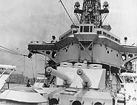 Photo # NH 71964:  Forward gun turret and bridge of USS Pittsburgh.