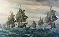 Photo # NH 73927-KN:  Battle of the Virginia Capes, 5 September 1781.  Painting by V. Zveg, 1962