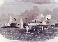 Photo # NH 85573-KN:  Engraving of USS New Ironsides and monitors in action at Charleston, S.C., circa 1863