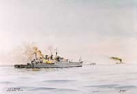 Photo # NH 86397-KN: British cruisers Exeter and Achilles in action with the German armored ship Admiral Graf Spee, 13 December 1939.  Watercolor by Edward Tufnell