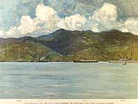 Photo # NH 95032-KN:  'Our War-ships off the Coast near Santiago de Cuba, June 3, 1898'. Colored print based on a drawing by Carlton T. Chapman