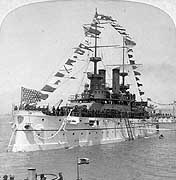 Photo # NH 100334:  USS Wisconsin dressed with flags in San Francisco Bay, California, 1901