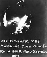 Photo # NH 100386:  Radarscope image of action between U.S. ships and Japanese destroyers Minegumo and Murasame, 6 March 1943